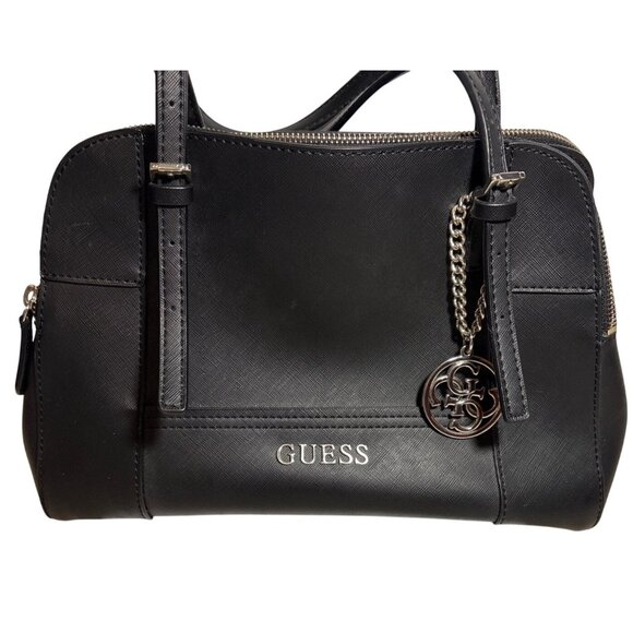 GUESS Huntley Cali Structured Satchel Handbag Dual Handles Charm Accent Black - Picture 1 of 16
